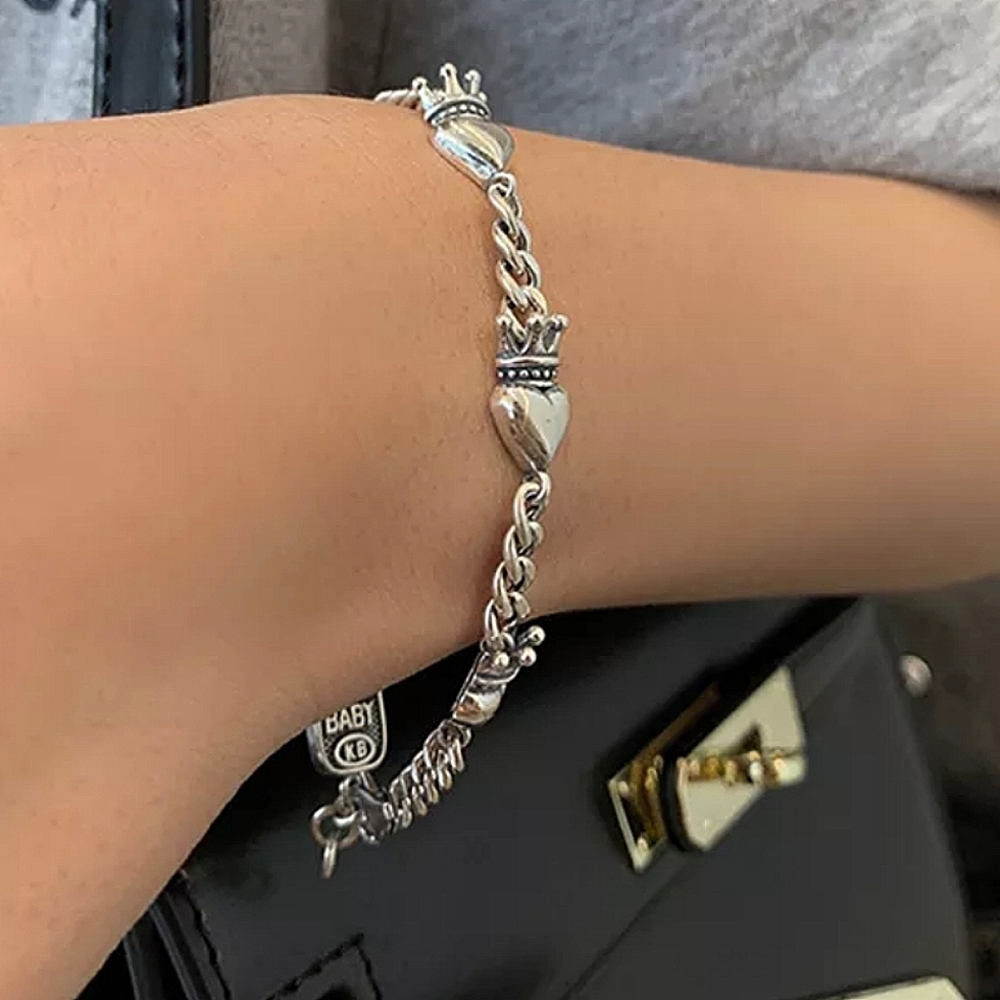 Crown Heart Sterling Silver Chain Link Bracelet Unisex - Picture 6 of 9